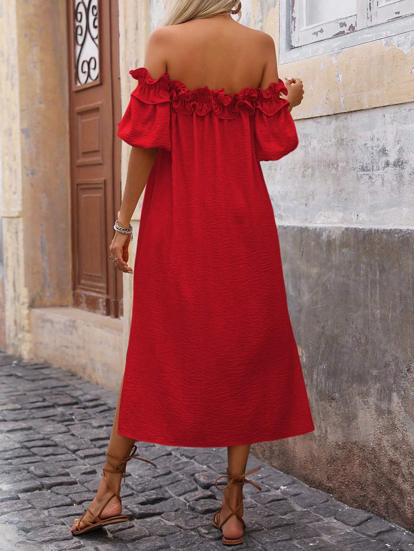 Women's Fashionable Off Shoulder Ruffle Trim Slit Dress