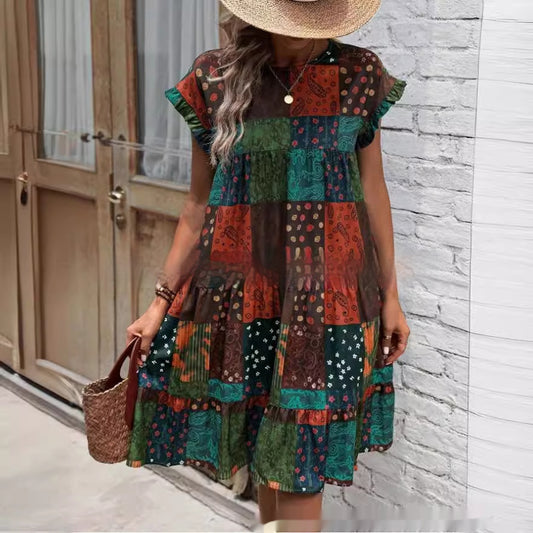 Summer New Printed Round Neck Casual All-matching Fashion Dress