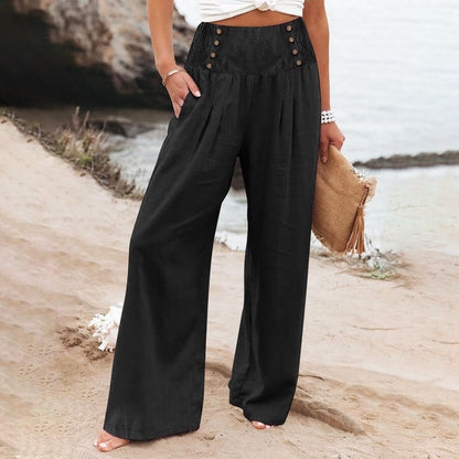 Spring And Summer Casual Elastic Waist High Waisted Women's Wide Leg Cotton Linen Loose Pants