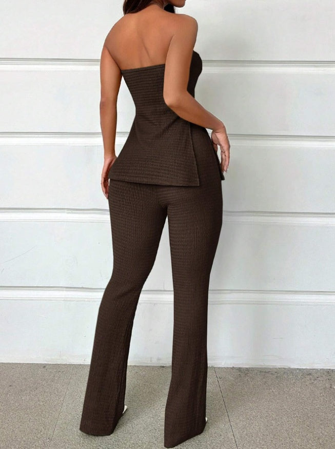 Summer Ladies' Solid Color Vacation Style Tube Top High-Slit And Flare Pants Two-Piece Set