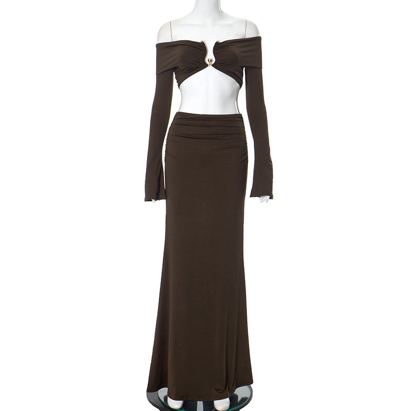 Off-shoulder Midriff-baring Long Sleeve Long Dress Suit