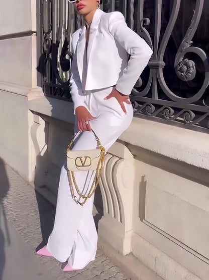 Solid Color Short Blazer & High-waisted Pants Two-piece Set