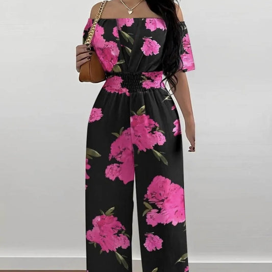 Ladies' One Shoulder Floral Print Waist Cinching Off Shoulder Sexy Fashion Jumpsuit