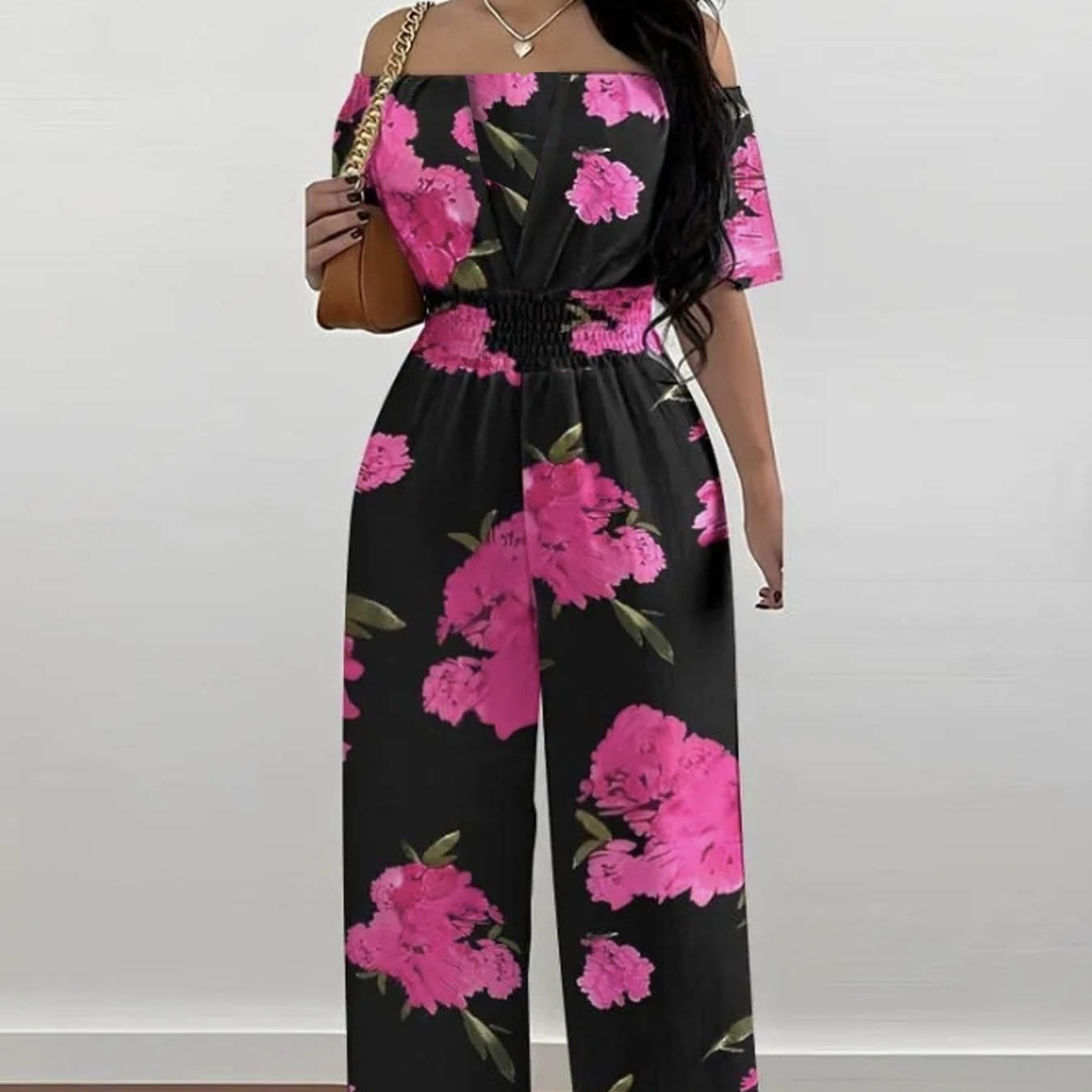 Ladies' One Shoulder Floral Print Waist Cinching Off Shoulder Sexy Fashion Jumpsuit