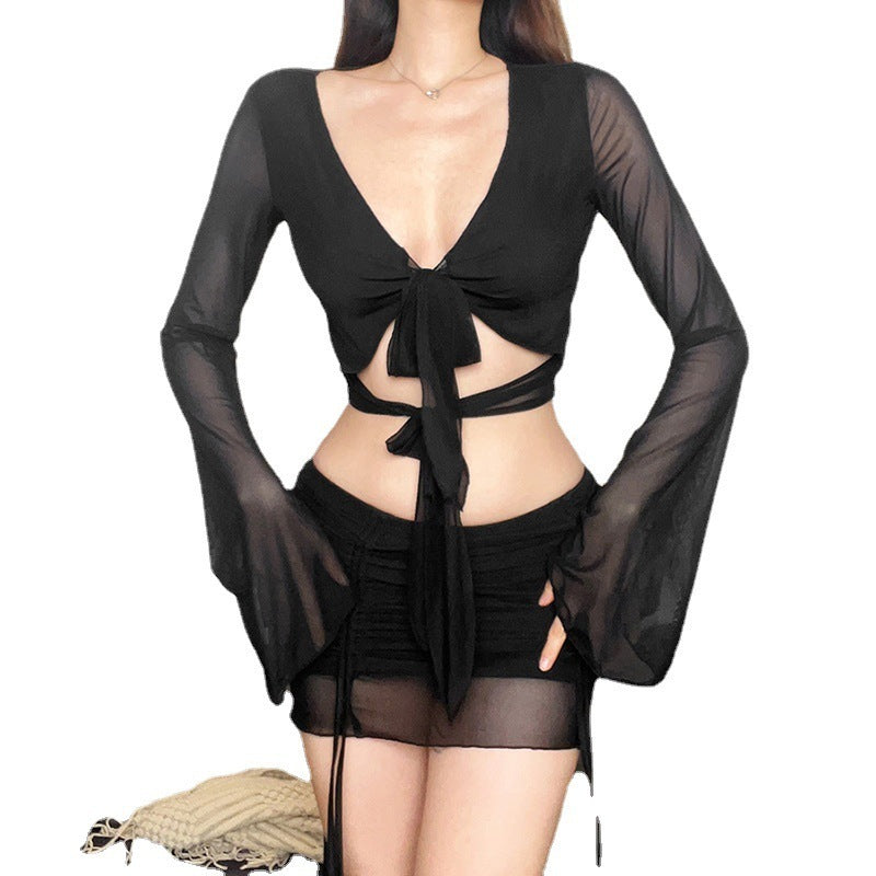 Women's Slim Fit Short Long Sleeve Top Waist Wrap Hip Half Skirt Set