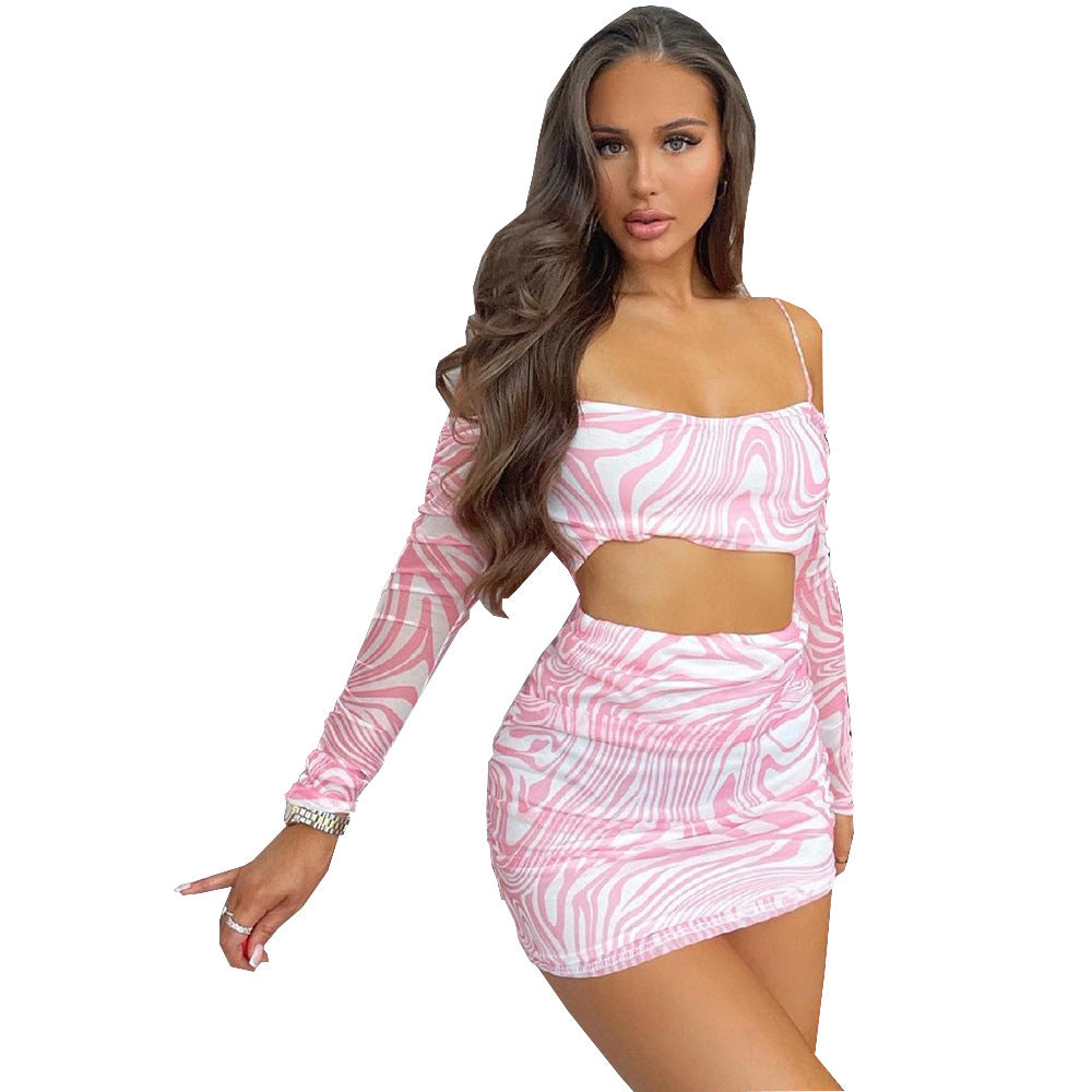 Slim-fit Striped Printed Bubble Long-sleeved Fashion Bag Hip Skirt Suit