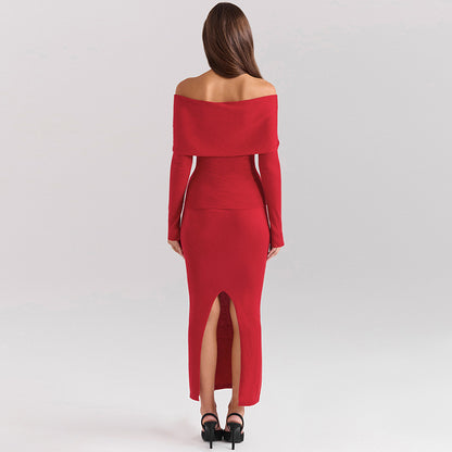 Women's Off-shoulder Collar Long Sleeve Off-shoulder Split Dress