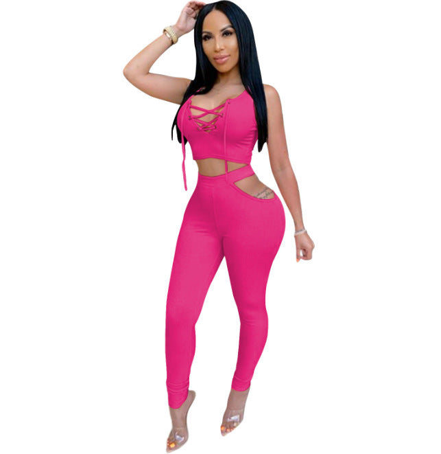 Ladies Collar Off Shoulder Vest Cutout Trousers Suit