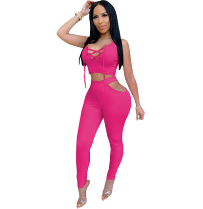 Ladies Collar Off Shoulder Vest Cutout Trousers Suit