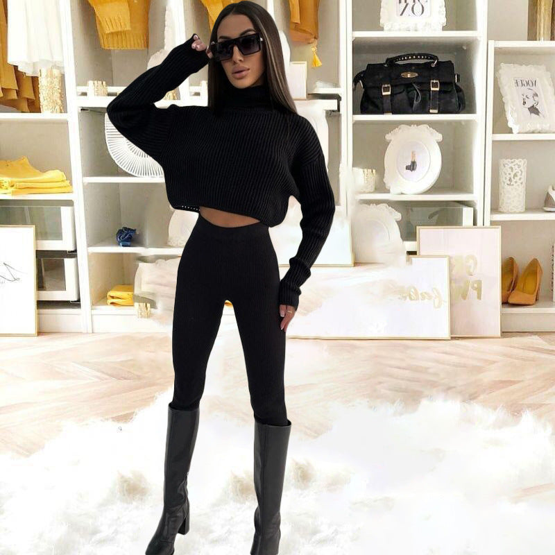 High-neck Long-sleeve High-waist Solid Color Wool Pants Suit