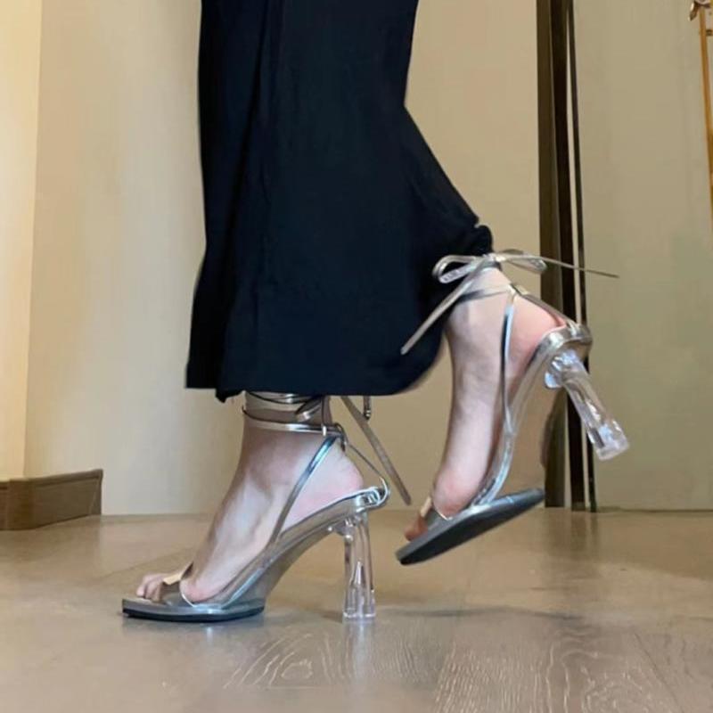 Niche Design Silver High Heels Transparent Stiletto Heel Roman Strap Elegant Sandals