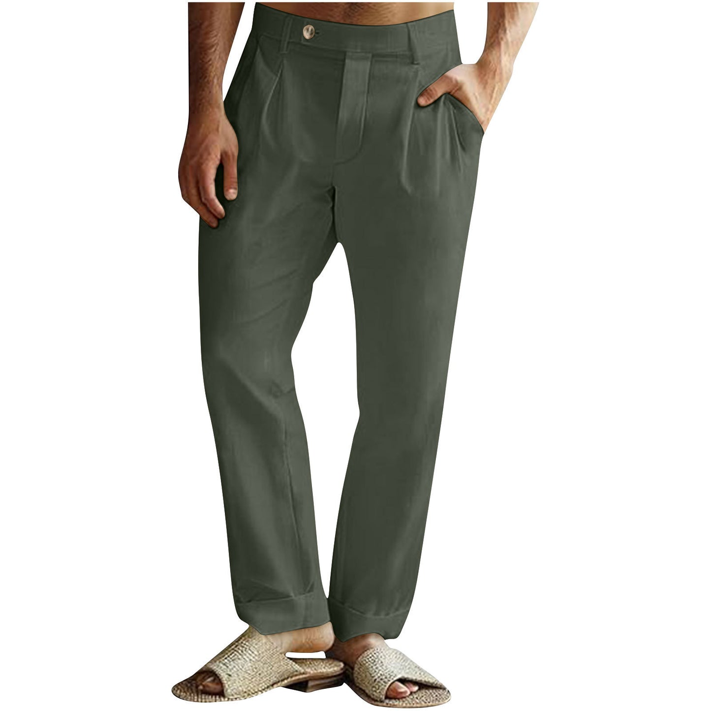 Men's Casual Cotton Linen Pants Pleated Elastic Waist Pants