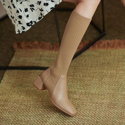 Retro Women's Autumn And Winter Thick-heeled Knit Slimming Boots