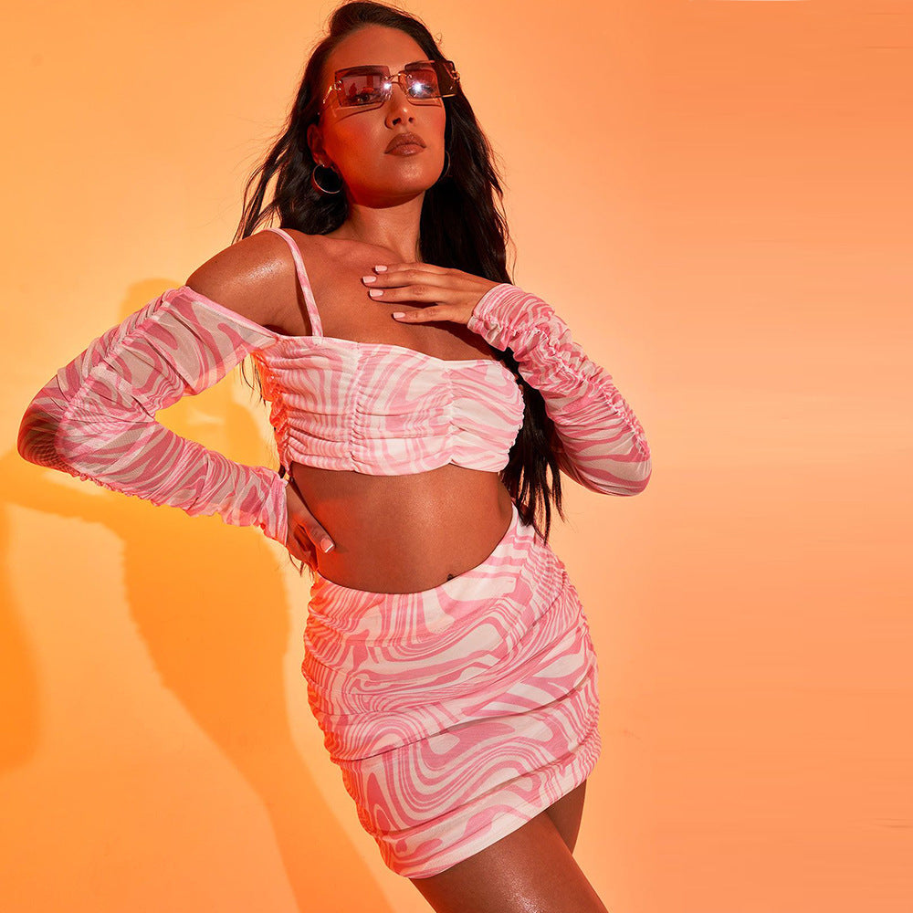 Slim-fit Striped Printed Bubble Long-sleeved Fashion Bag Hip Skirt Suit