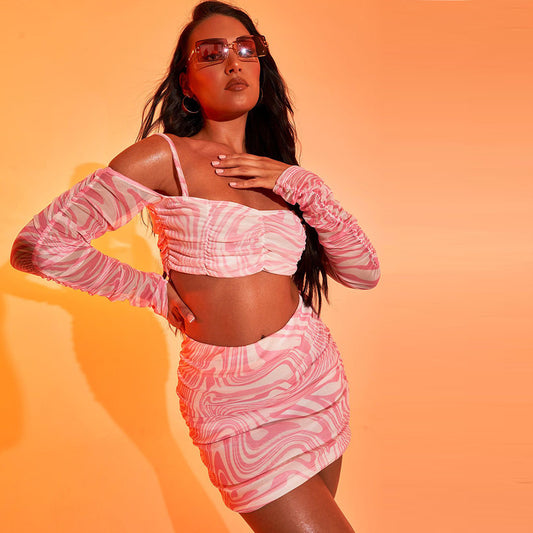 Slim-fit Striped Printed Bubble Long-sleeved Fashion Bag Hip Skirt Suit