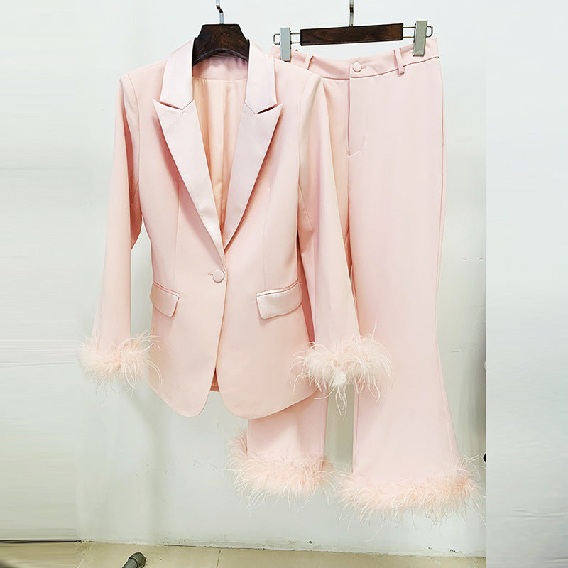 True Feathers Ostrich Fur Blazer Cropped Pants Set Two-piece Suit