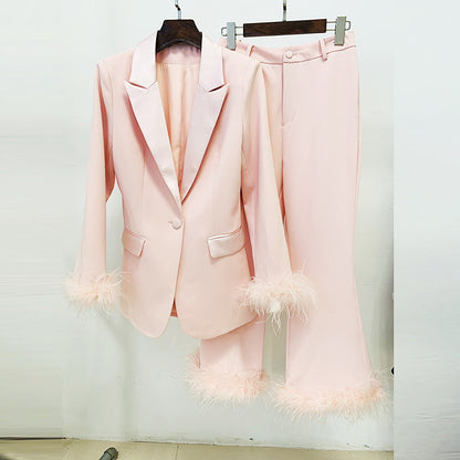 True Feathers Ostrich Fur Blazer Cropped Pants Set Two-piece Suit