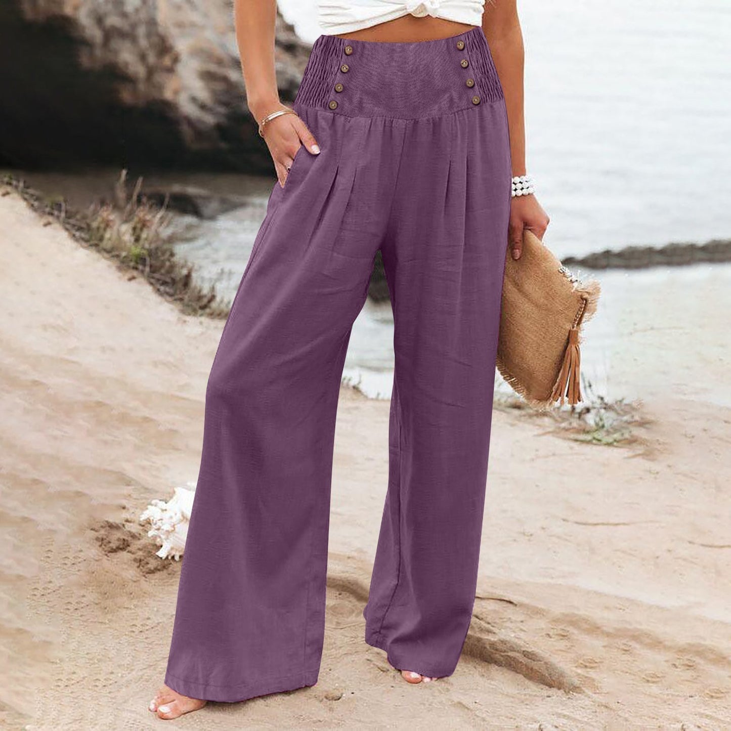 Spring And Summer Casual Elastic Waist High Waisted Women's Wide Leg Cotton Linen Loose Pants