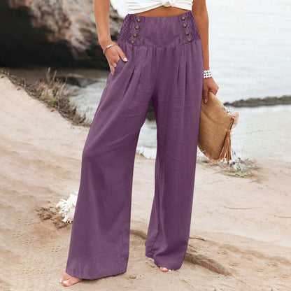 Spring And Summer Casual Elastic Waist High Waisted Women's Wide Leg Cotton Linen Loose Pants