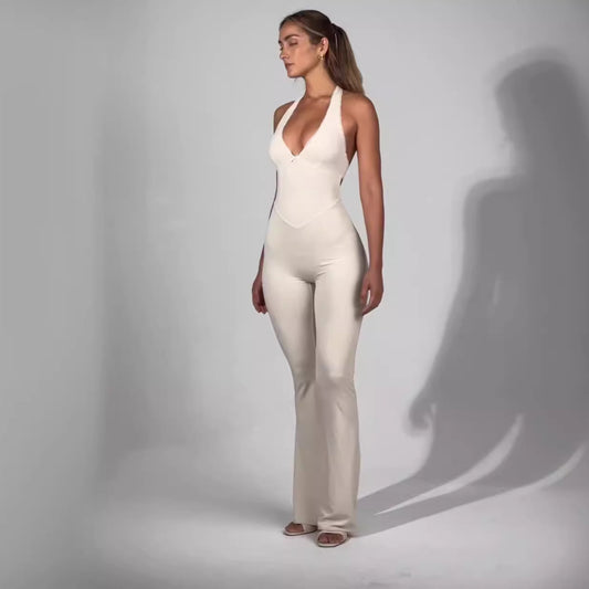 European And American Solid Color Low-cut U-neck Stretch Tight Sexy Sleeveless Jumpsuit