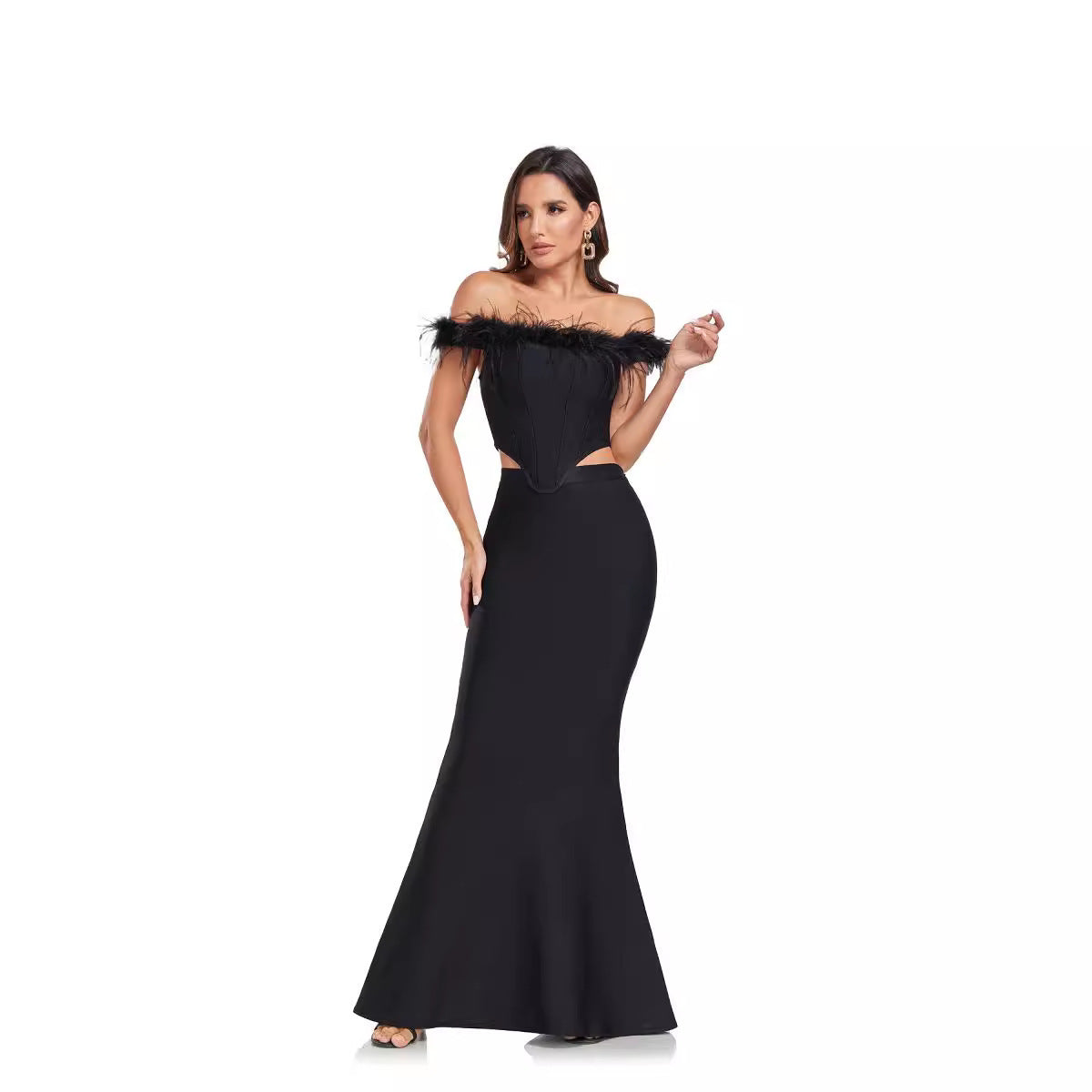 Ostrich Feather Off-shoulder Fishtail Dress Two-piece Set