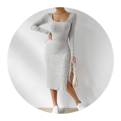 Square Collar Long Sleeve Hem Slit Slimming Dress