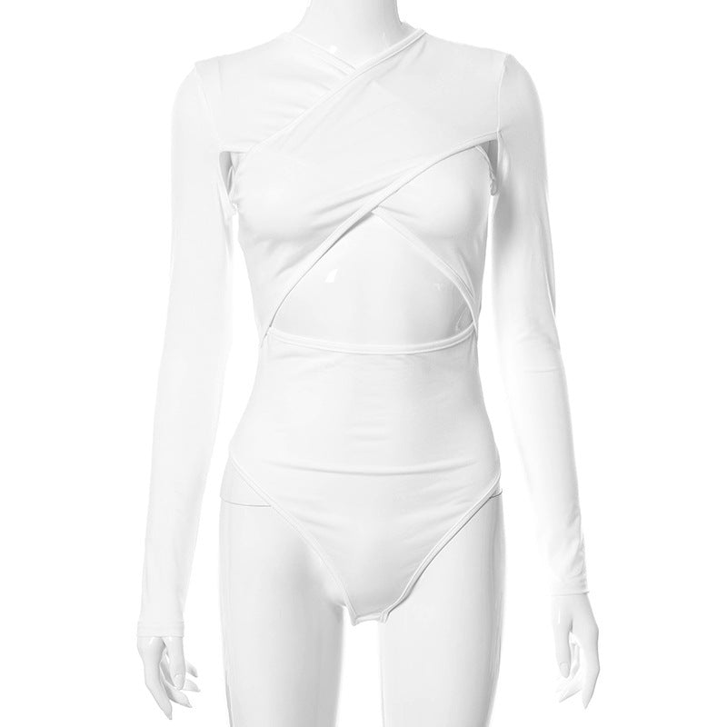 Pure Color Cross-cut Long-sleeved Cut-waist Slim-fit Bodysuit