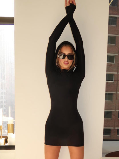 Short Skirt Women's Solid Color Long Sleeve Hooded Dress