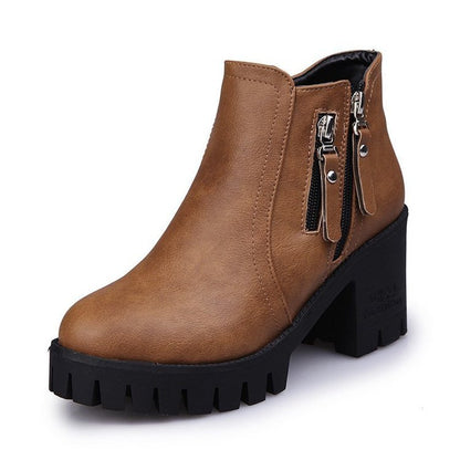 Mid-heel Chunky Heel Round Toe Temperament Side Zipper Short Boots