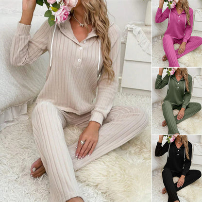 Fashion Sunken Stripe Brushed Long Sleeve Hooded Suits Women