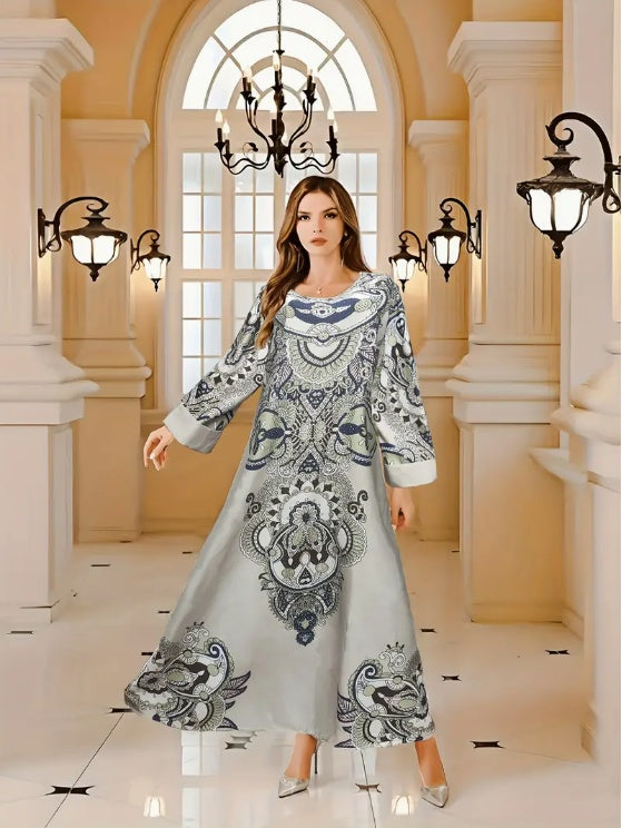 Elegant Floral Print Long Sleeve Abaya Dress