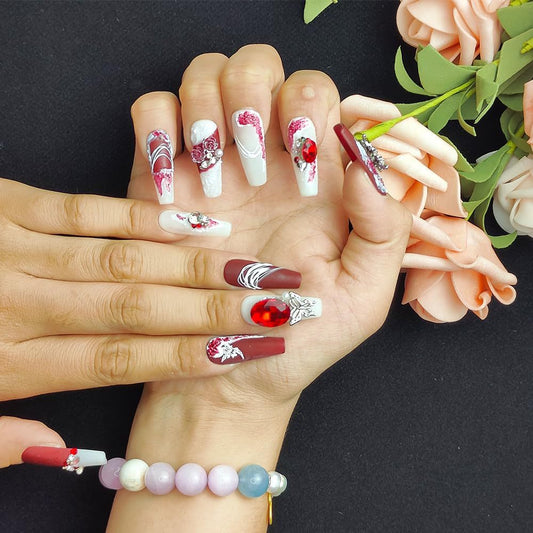 GGddsha New Shiny Crystal Long Press On Nails WithDiamonds Reusable PMA Acrylic Handmade Nails FullDeluxe 3D Crystal Fake Nails W Box Gift For Women,Suede Scarlet