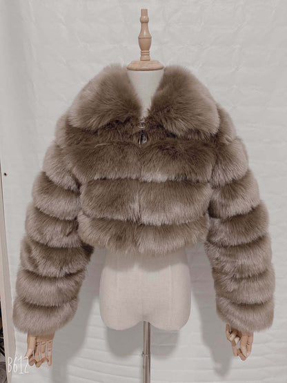Lapel Imitation Fox Fur Long Sleeve Stitching Women's Light Luxury
