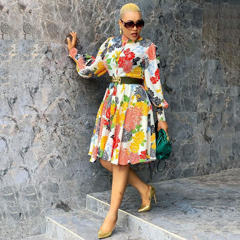 European And American Dresses Mid-length Pullover Long-sleeve Printed Slim Fit