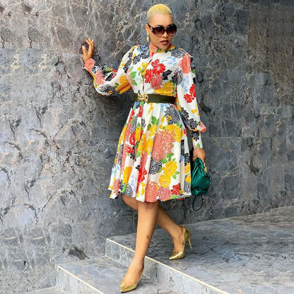 European And American Dresses Mid-length Pullover Long-sleeve Printed Slim Fit