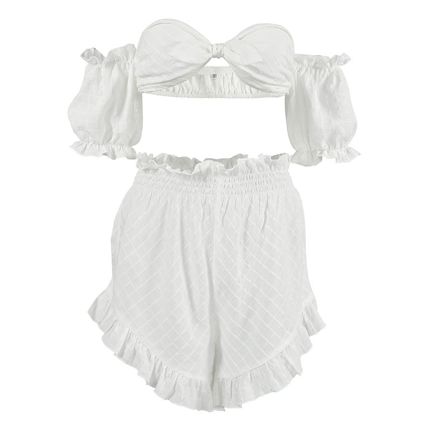 Pajamas Women's Plaid Design Off-shoulder Two-piece Set