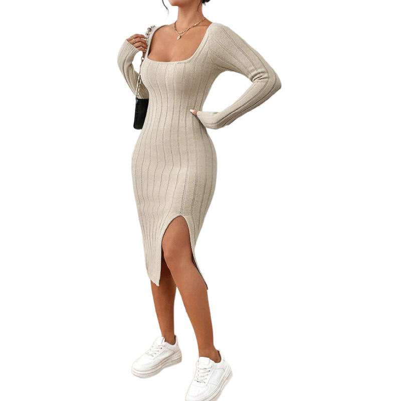 Square Collar Long Sleeve Knitted Dress Women