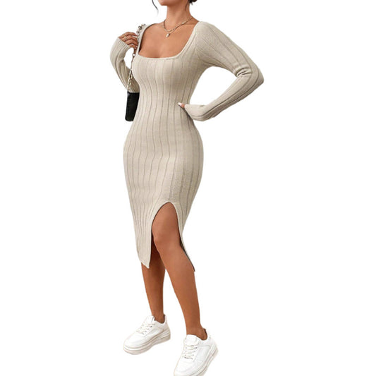 Square Collar Long Sleeve Knitted Dress Women