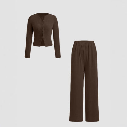 Casual Slim-fit Buttoned Long Sleeve Wide Leg Pants Suit