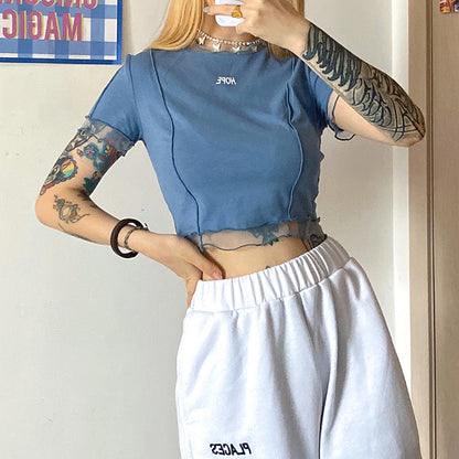 Fashion Letter Print Round Neck Wooden Ears Navel Exposed T Shirt Women