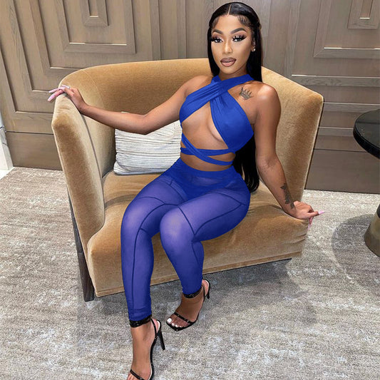 Women's Hollow Halter Cross Mesh Panel Three Piece Set