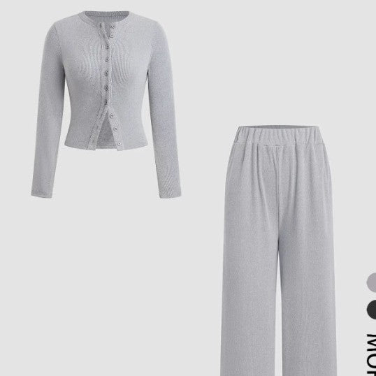 Casual Slim-fit Buttoned Long Sleeve Wide Leg Pants Suit