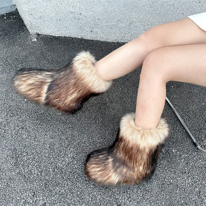 Raccoon Fur Plush Snow Boots