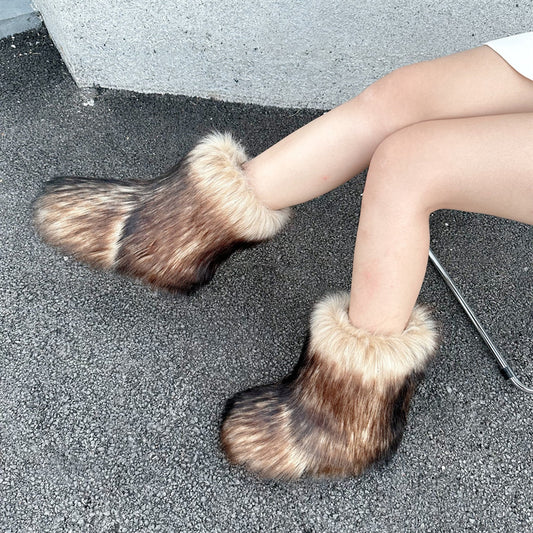 Raccoon Fur Plush Snow Boots