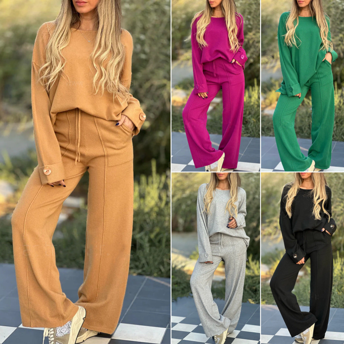 European And American Fashion Casual Set Solid Color Long-sleeve Suit Wide Leg Pants