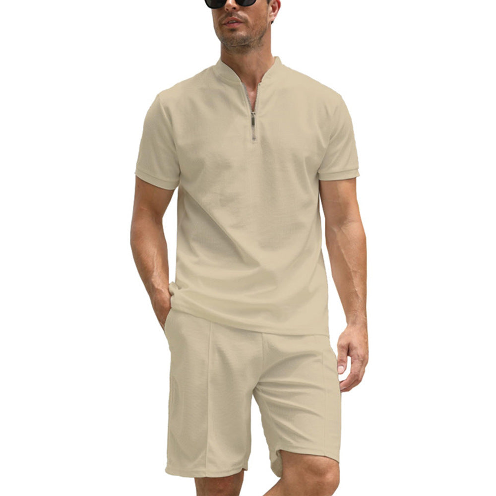 3D Simple POLO Men's Zip-up Shirt Short Sleeve Crew Neck Casual Shorts Suit