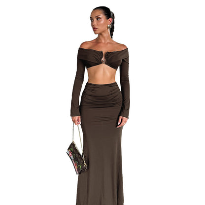 Off-shoulder Midriff-baring Long Sleeve Long Dress Suit