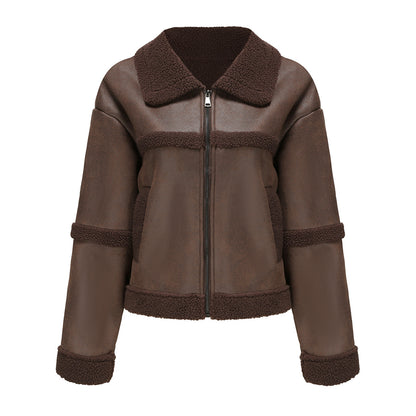 Suede Women's Fashionable Warm Fleece Leather Jacket