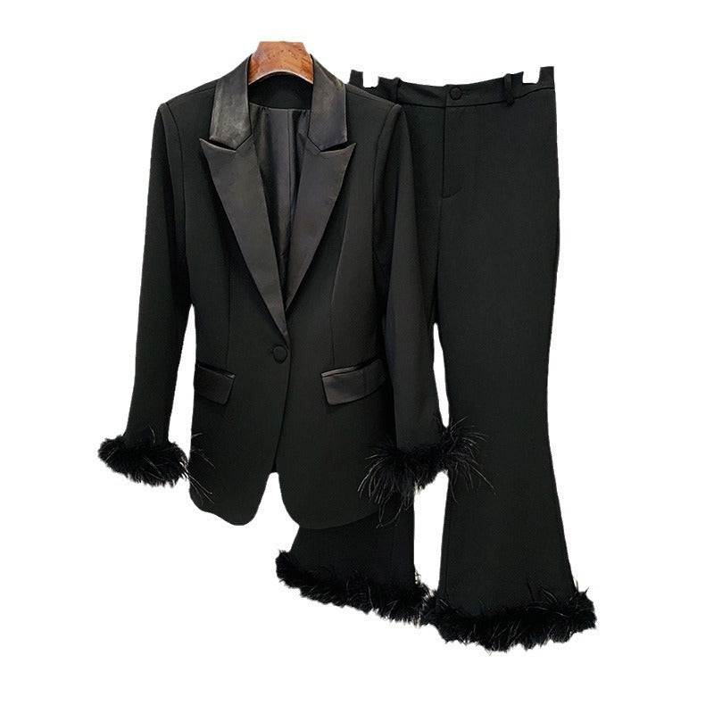 True Feathers Ostrich Fur Blazer Cropped Pants Set Two-piece Suit