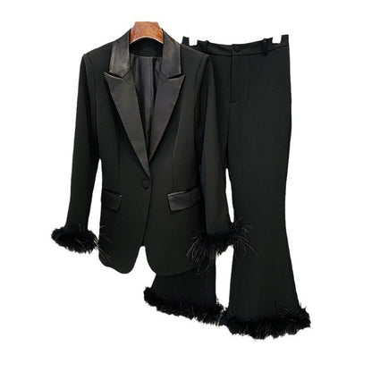True Feathers Ostrich Fur Blazer Cropped Pants Set Two-piece Suit